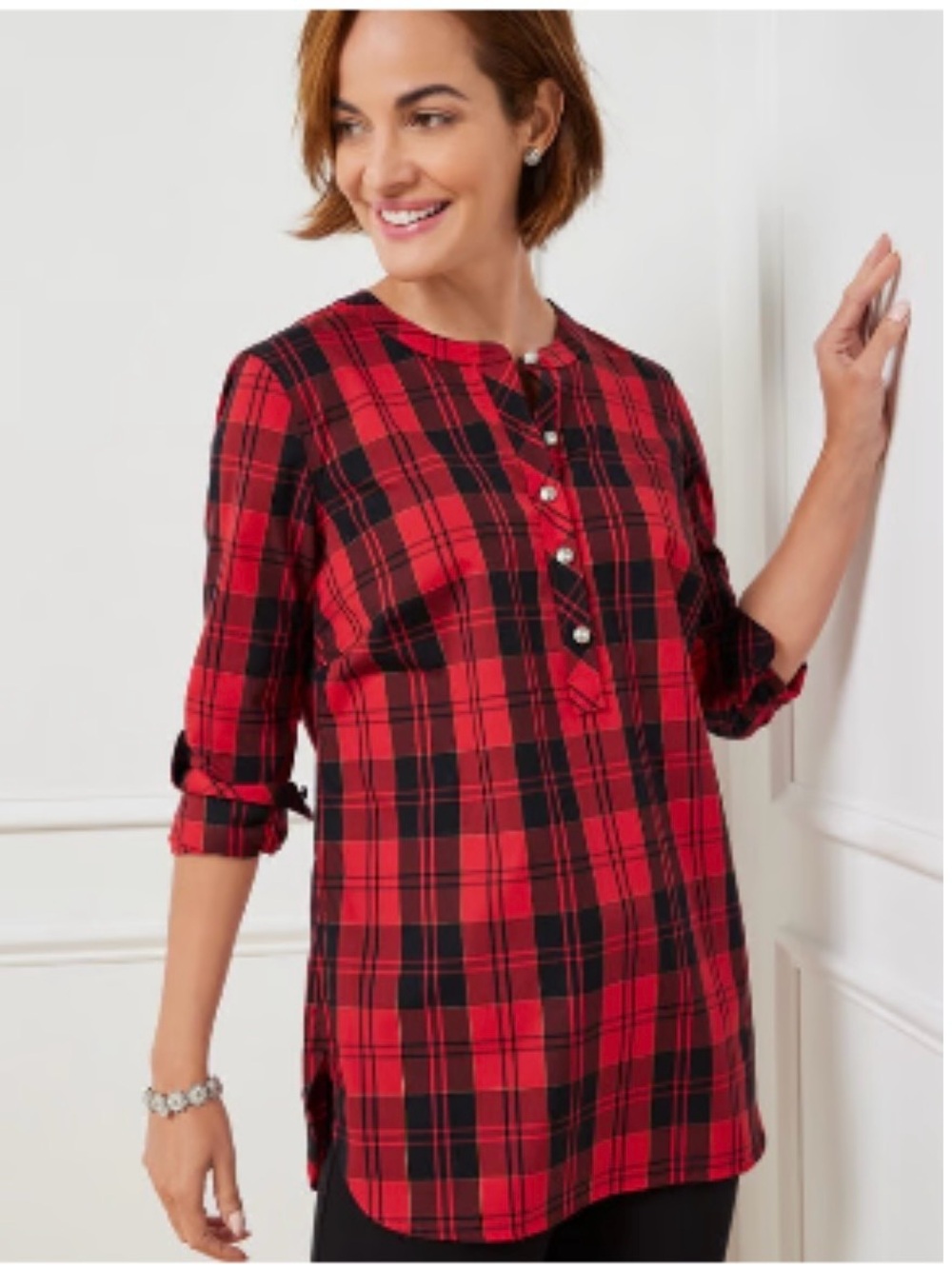 Talbots BAND COLLAR TUNIC Top Plus 1X Red Plaid Jewel Button Holiday Christmas